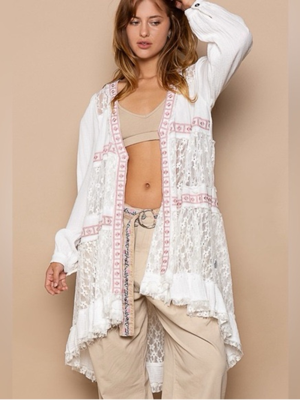 POL | We Go Together Lace Kimono with Pink Embroidered Trim Sz L